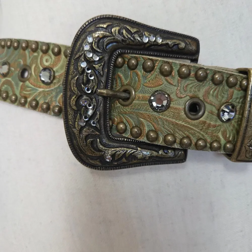 Vintage Leatherock Women's S32 Western Tooled Leather Rhinestone Studded Belt